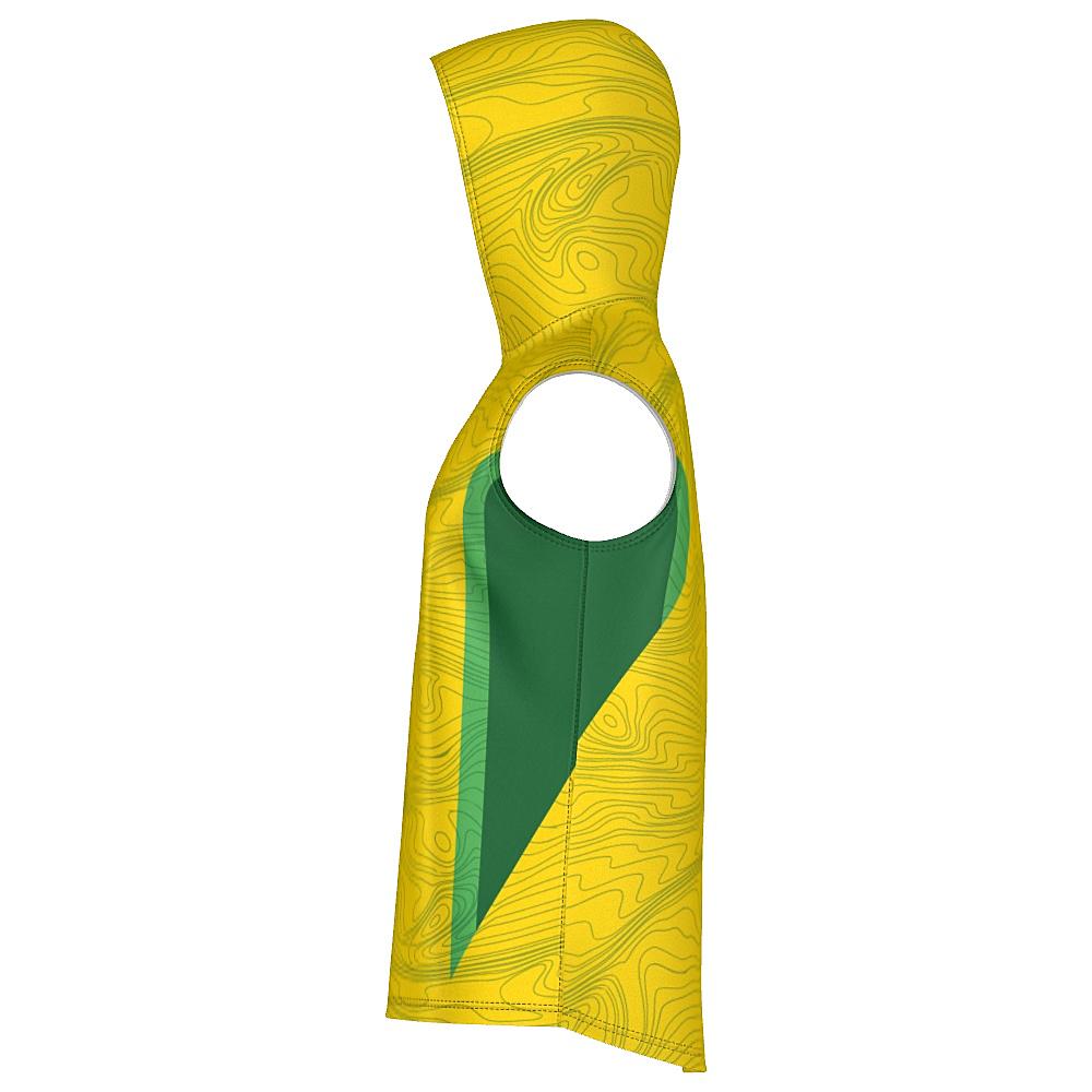 Yellow sleeveless hoodie with topography design and green accents on a white background