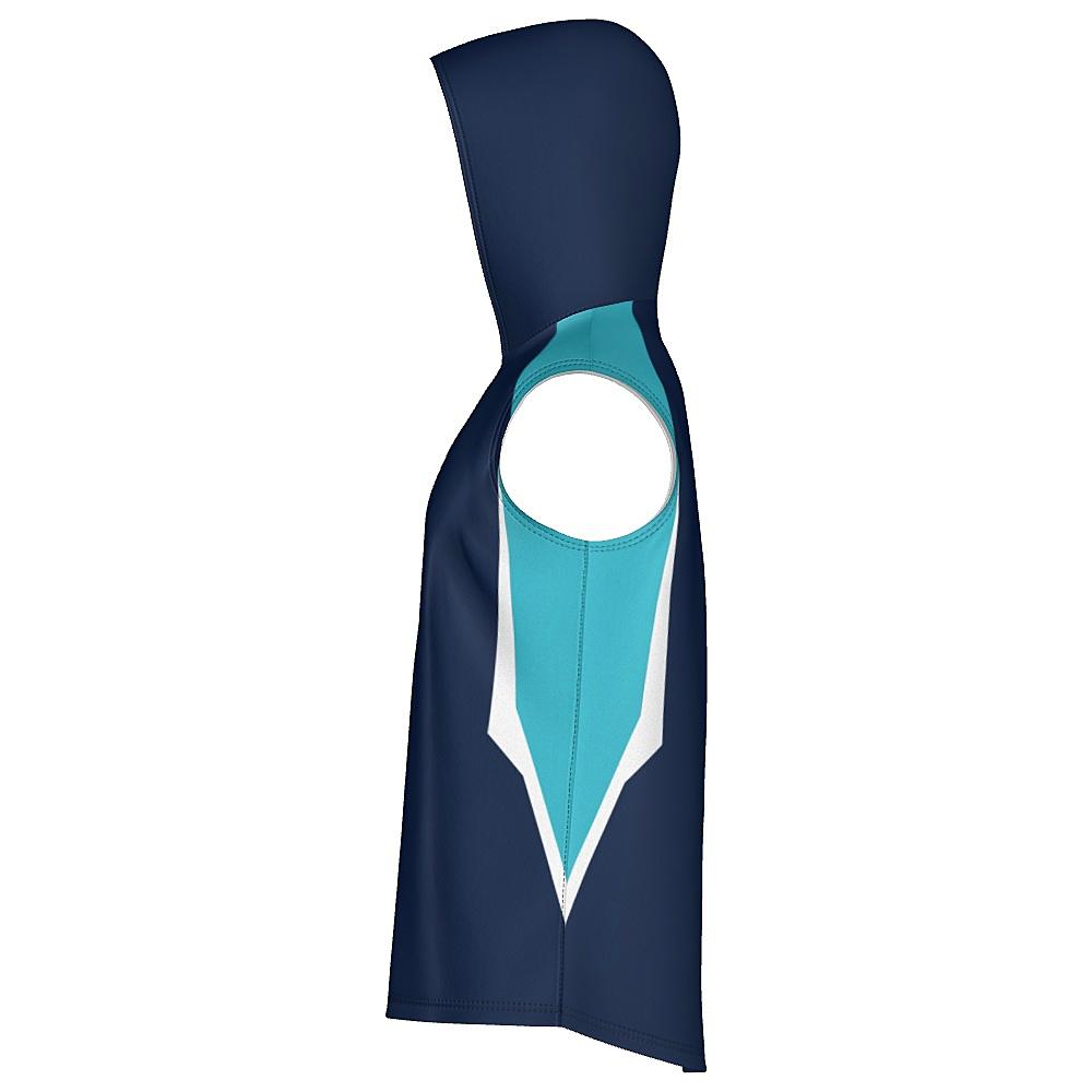Navy sleeveless hoodie with light blue and white accents on a white background