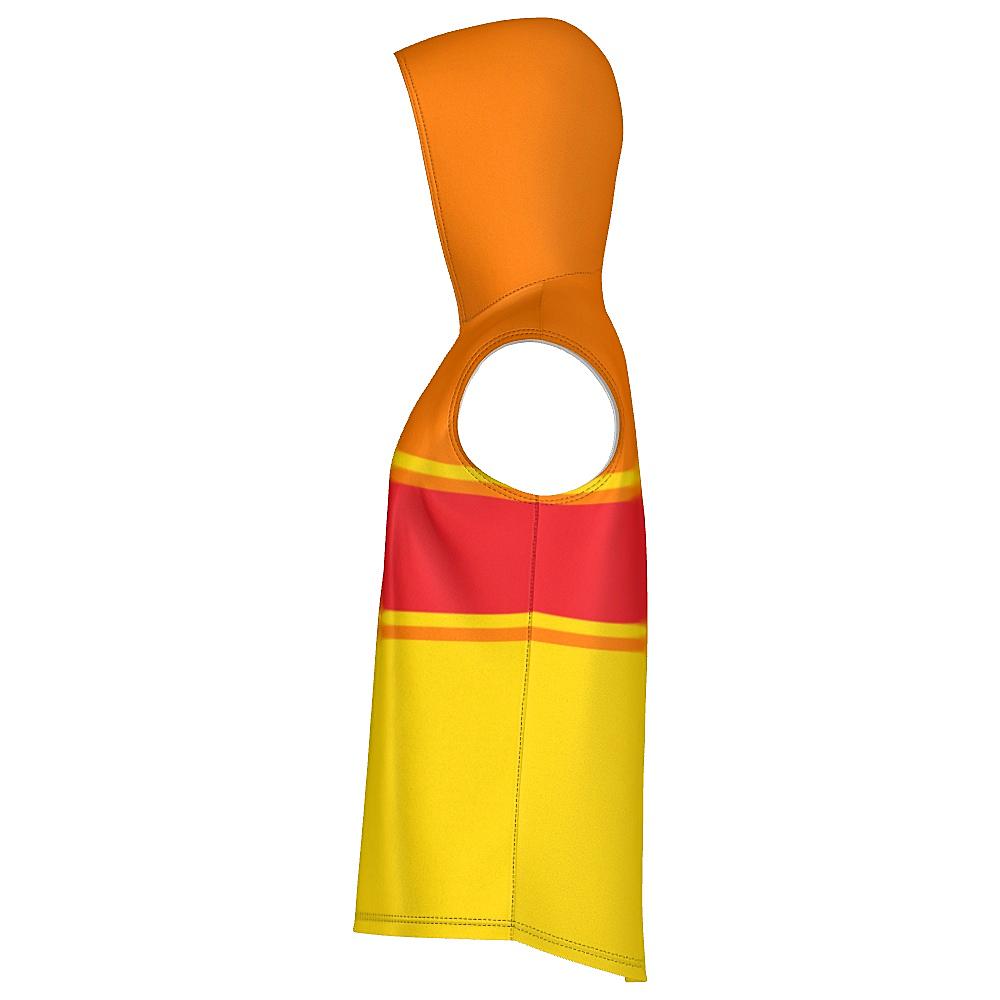 Red, orange and yellow sleeveless hoodie on a white background