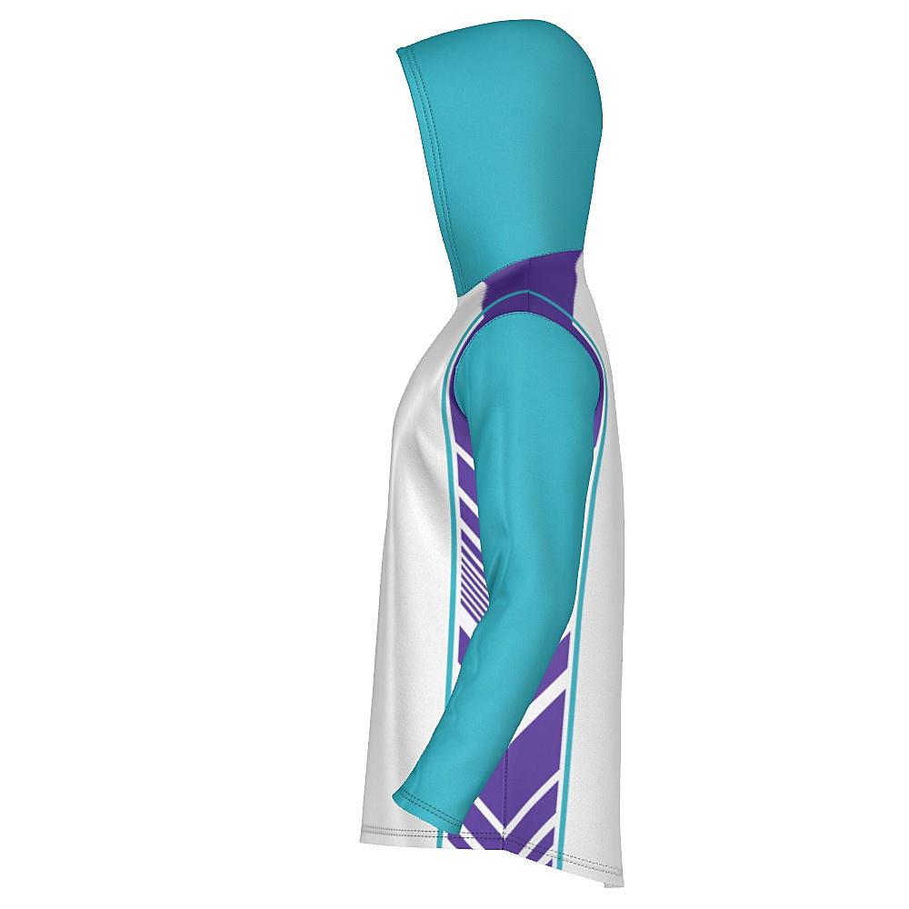 White hoodie with teal and purple accents on a white background