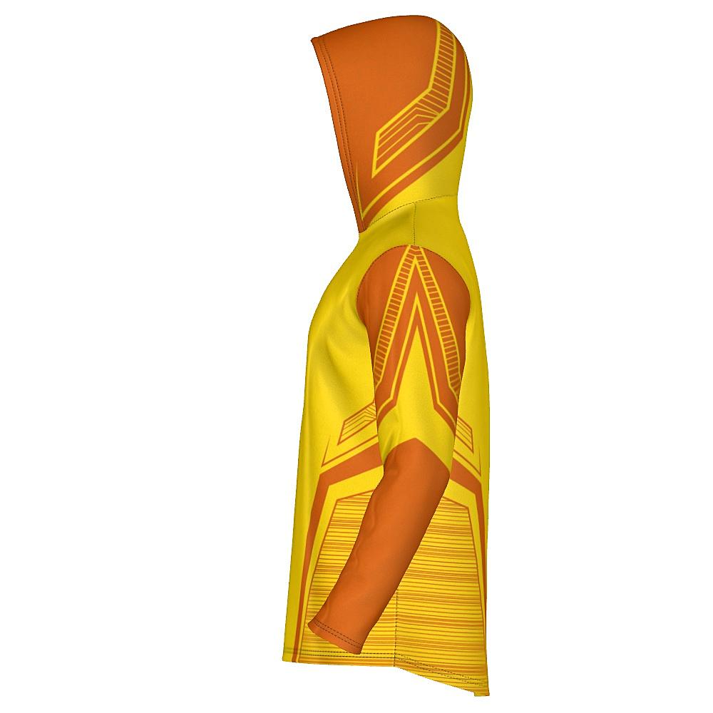 Yellow hoodie with orange accents on a white background