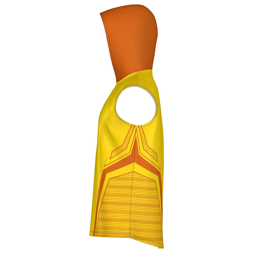 Yellow sleeveless hoodie with orange accents on a white background