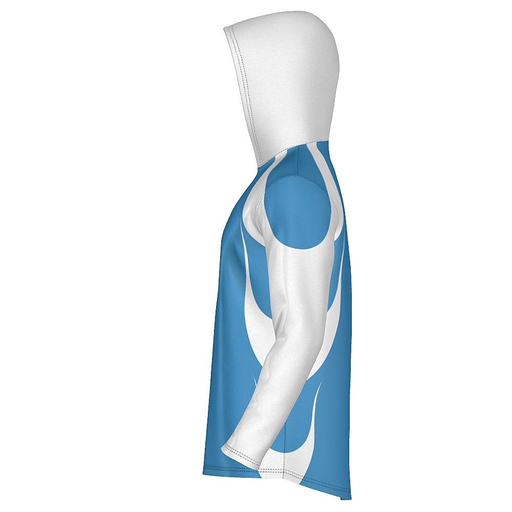 Blue hoodie with white accents on a white background
