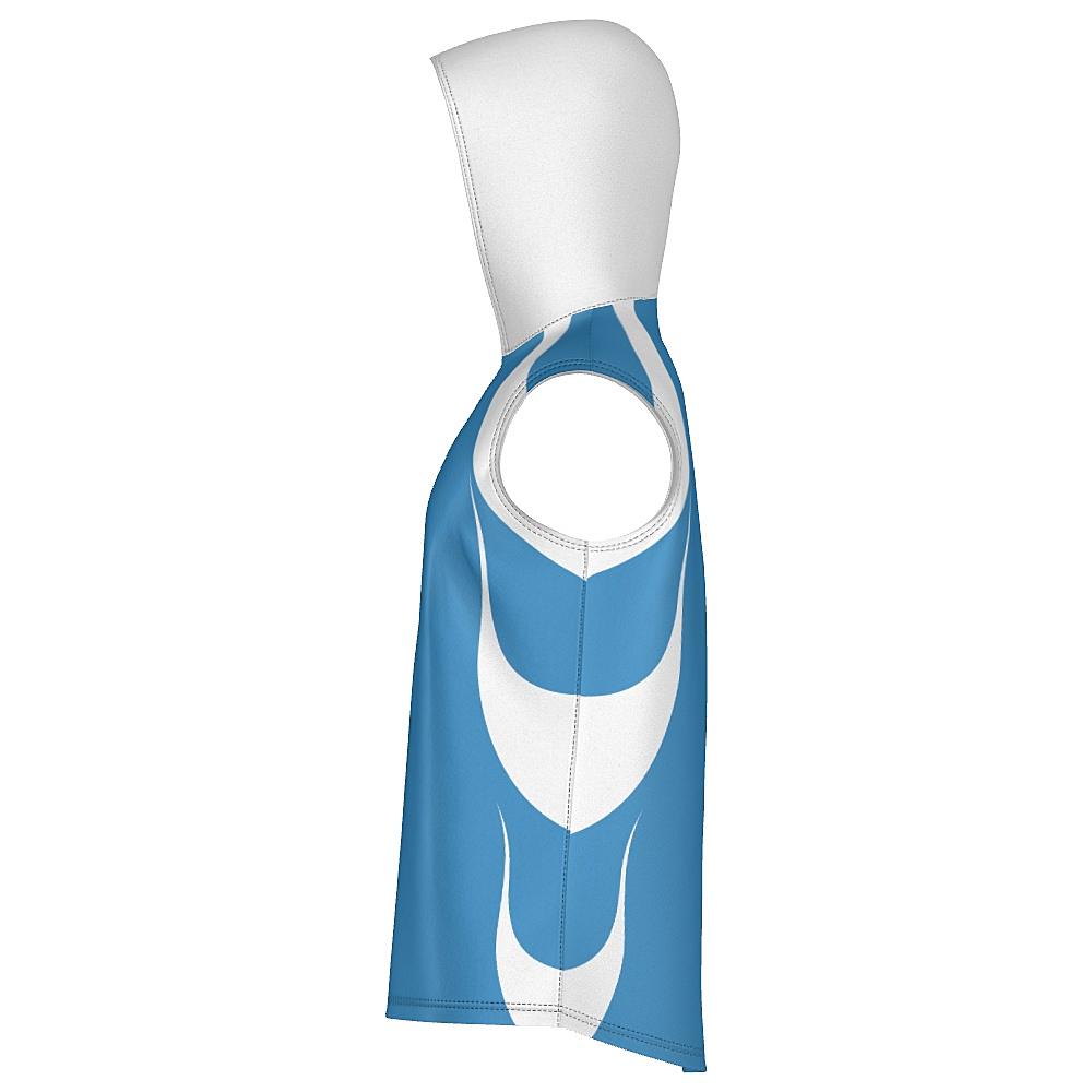 Blue sleeveless hoodie with white accents on a white background