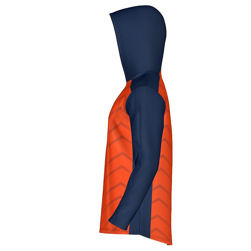 Orange hoodie with navy accents and chevron design on a white background