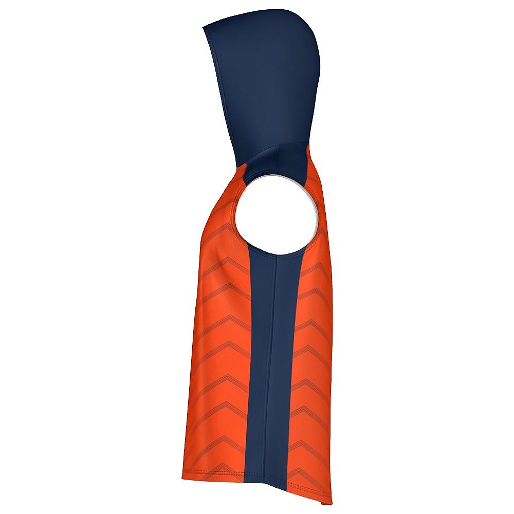 Orange sleeveless hoodie with navy accents and chevron design on a white background