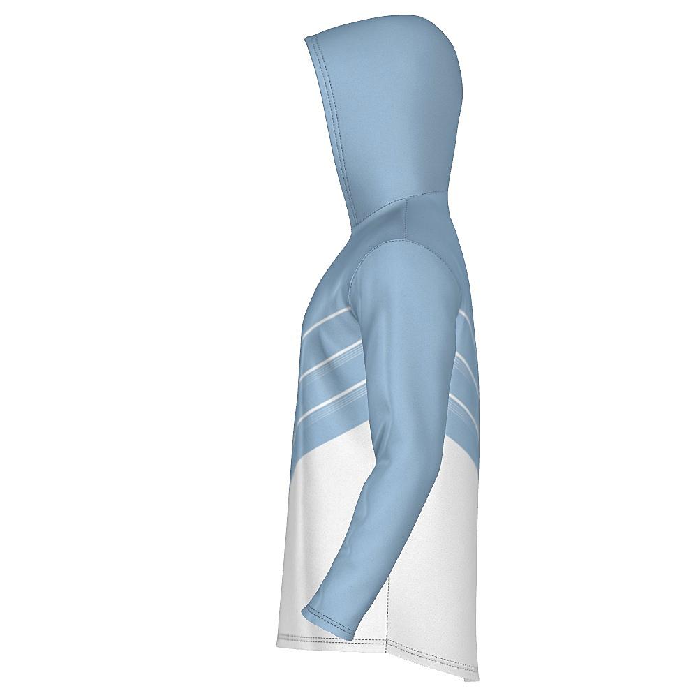 Blue and white hoodie with chevron design on a white background