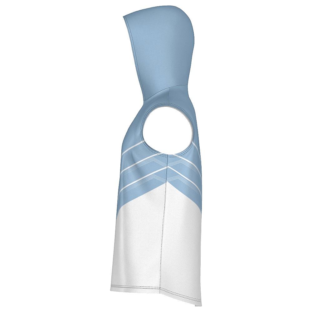Blue and white sleeveless hoodie with chevron design on a white background