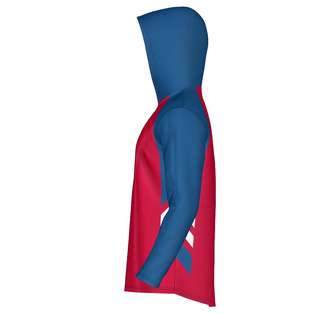 Red hoodie with blue and white accents on a white background