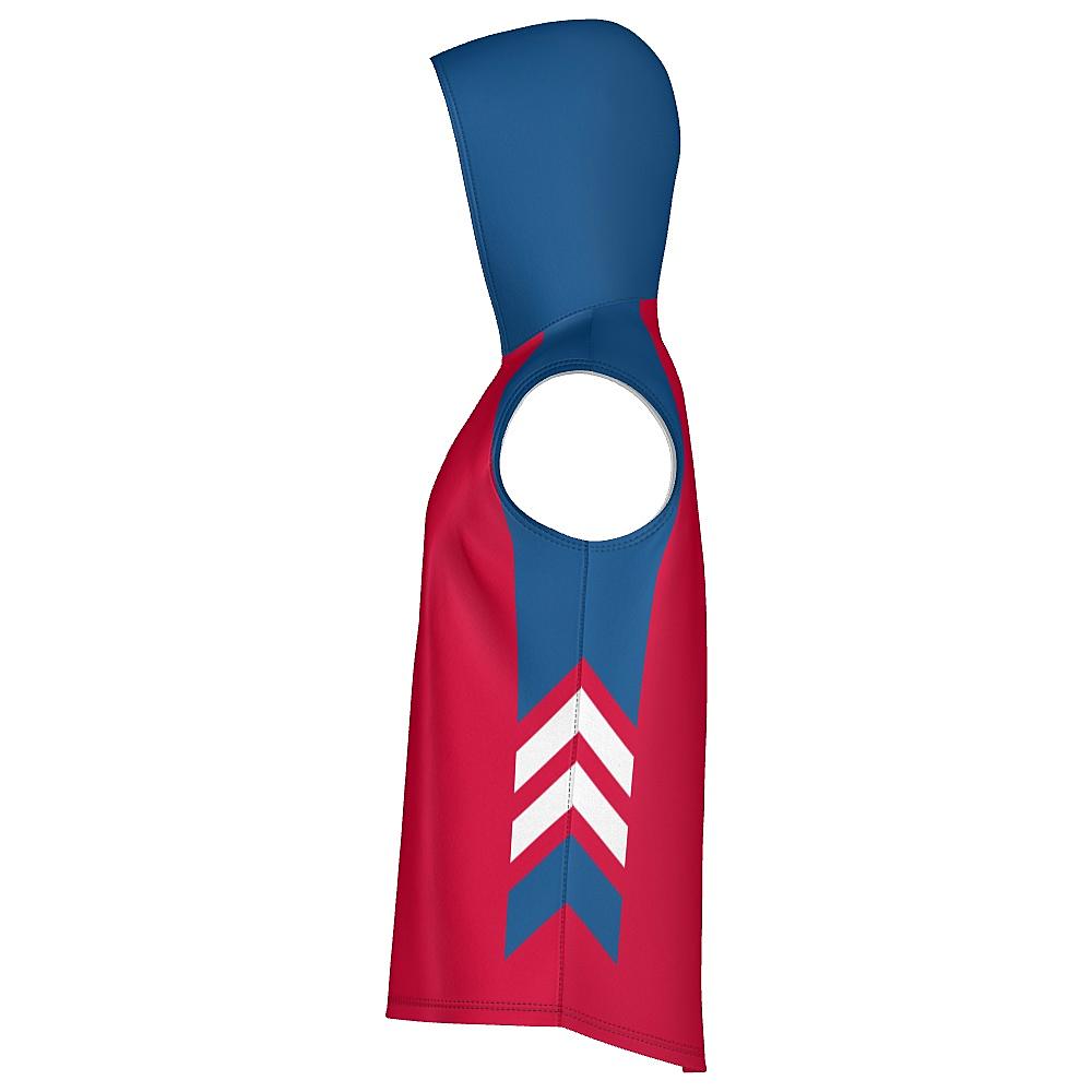 Red sleeveless hoodie with blue and white accents on a white background