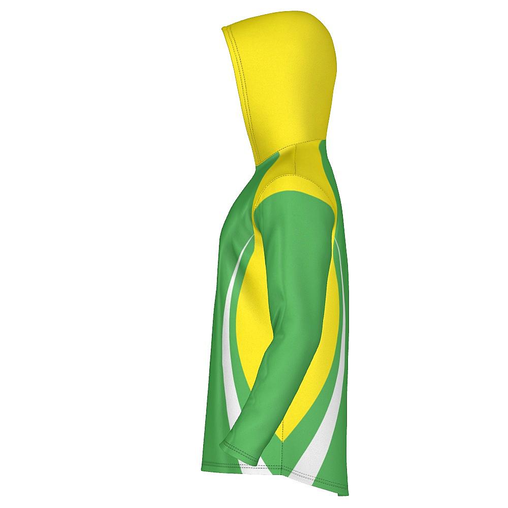 Green hoodie with yellow and white accents on a white background