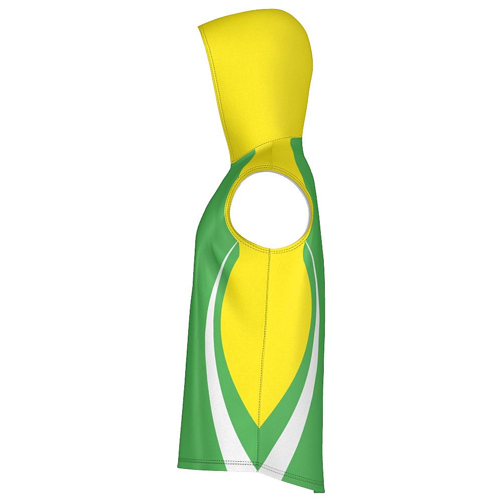 Green sleeveless hoodie with yellow and white accents on a white background