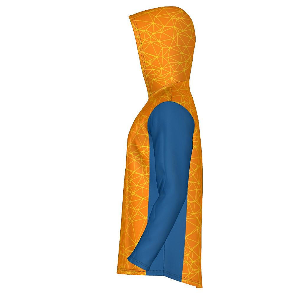 Orange hoodie with yellow geometric design and blue accents on a white background
