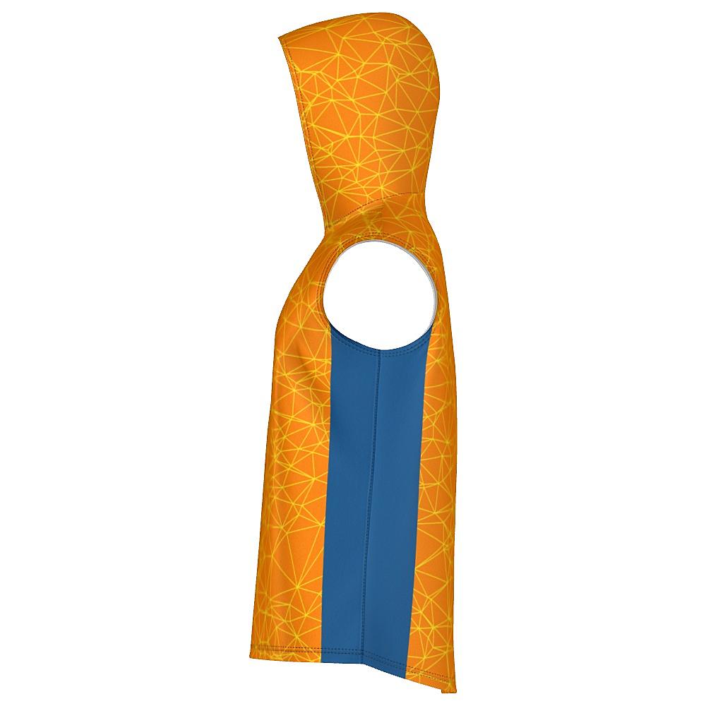 Orange sleeveless hoodie with yellow geometric design and blue accents on a white background