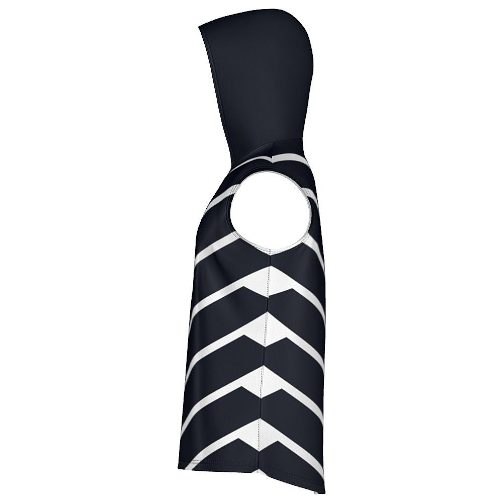 Black sleeveless hoodie with white chevrons on a white background