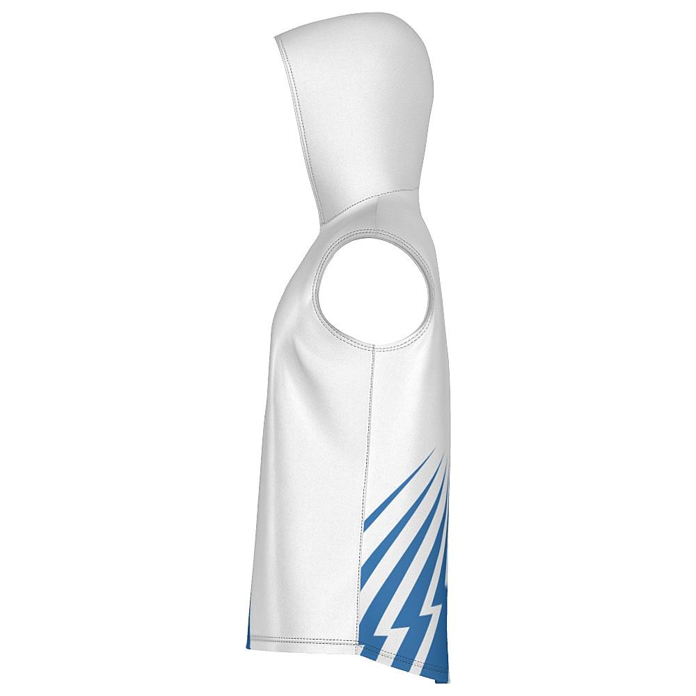 White sleeveless hoodie with blue bolt-shaped accents on a white background