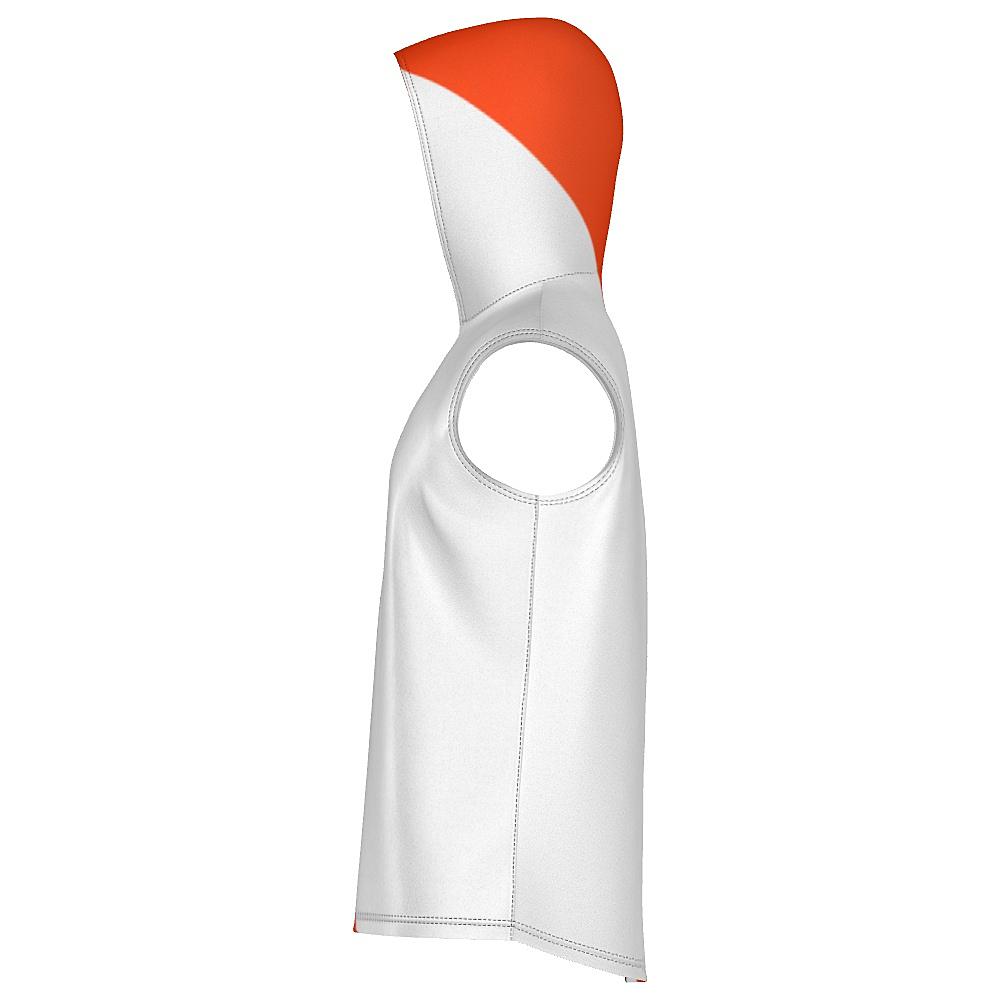 White sleeveless hoodie with black and orange curved stripes on a white background
