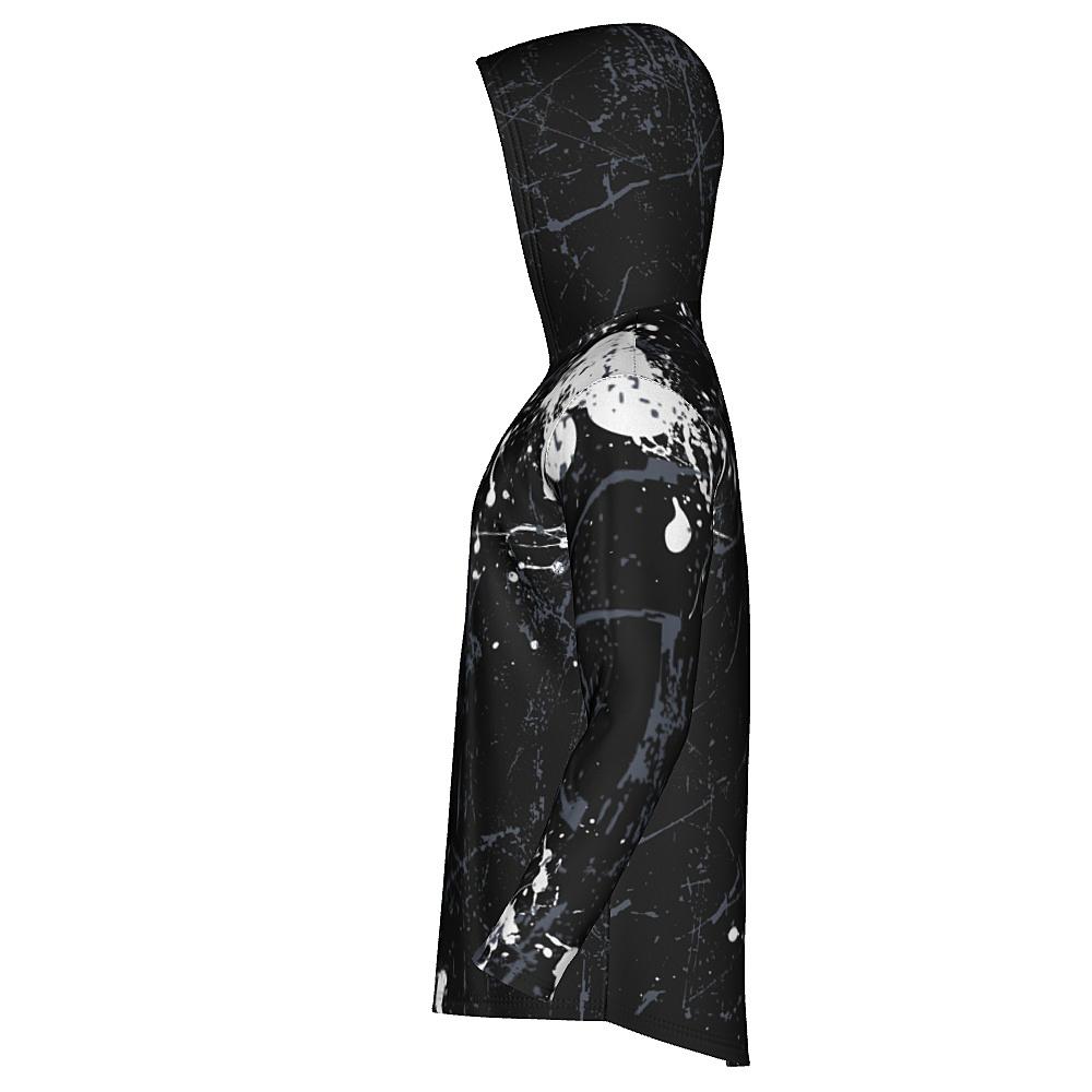 Black hoodie with white and grey distressed design on a white background