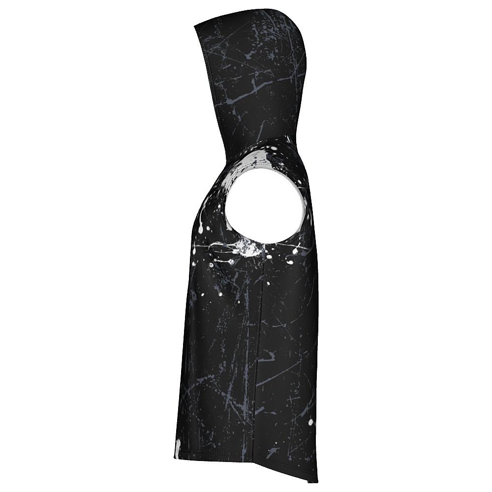 Black sleeveless hoodie with white and grey distressed design on a white background