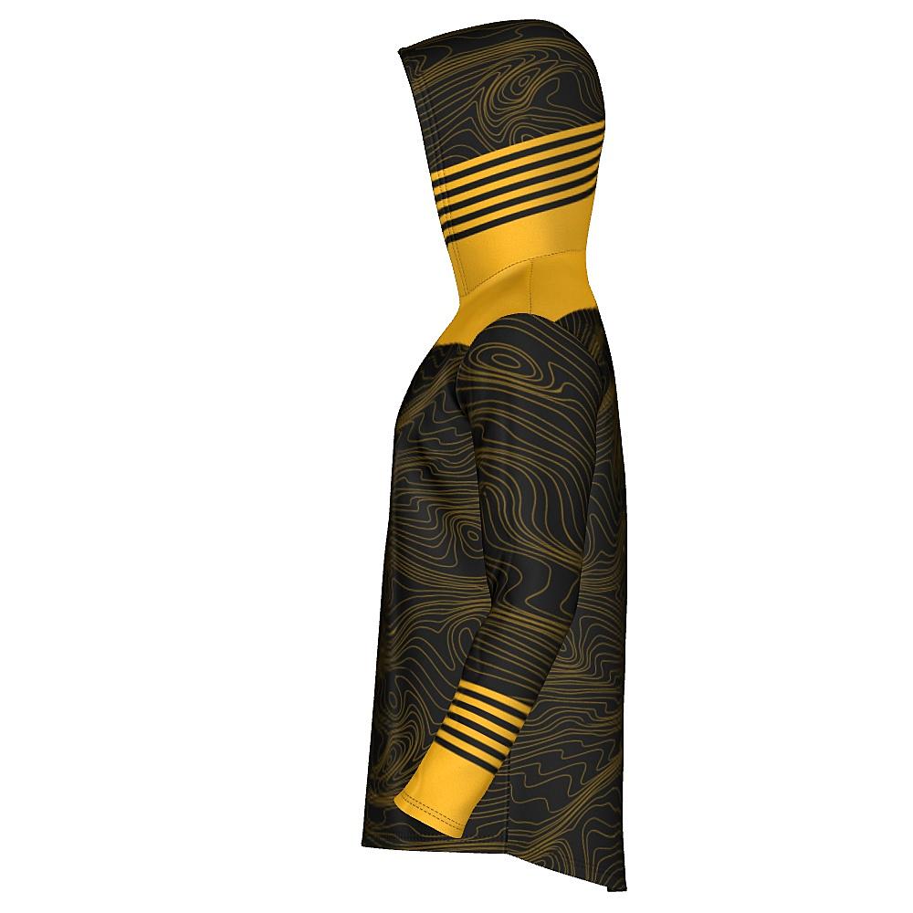 Black hoodie with yellow accents and topographic design on a white background