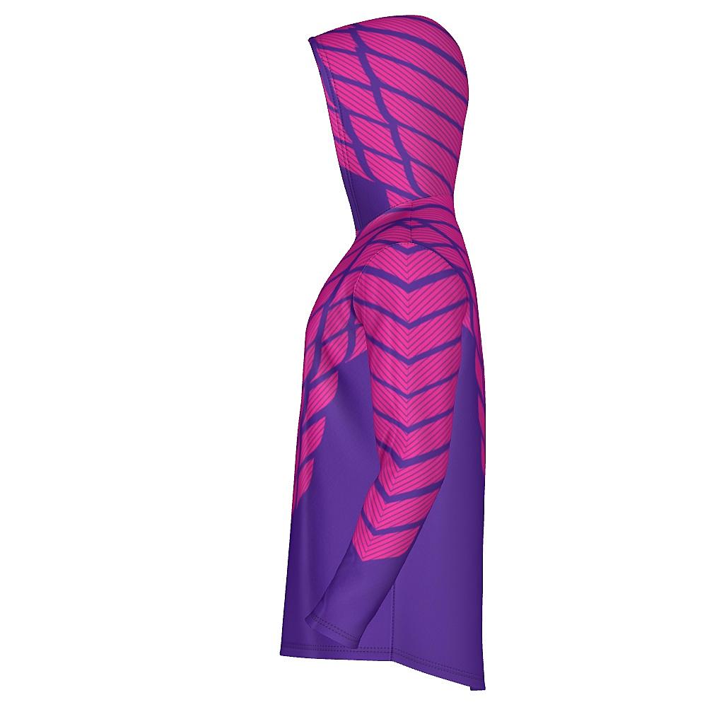 Pink and purple hoodie with striped design on a white background