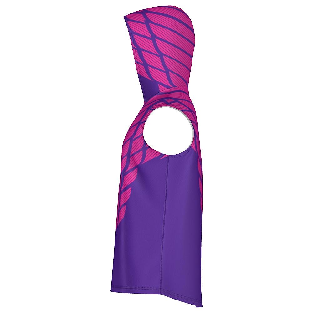 Pink and purple sleeveless hoodie with striped design on a white background