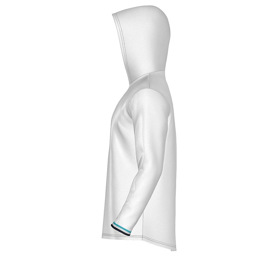 White hoodie with blue argyle design on a white background