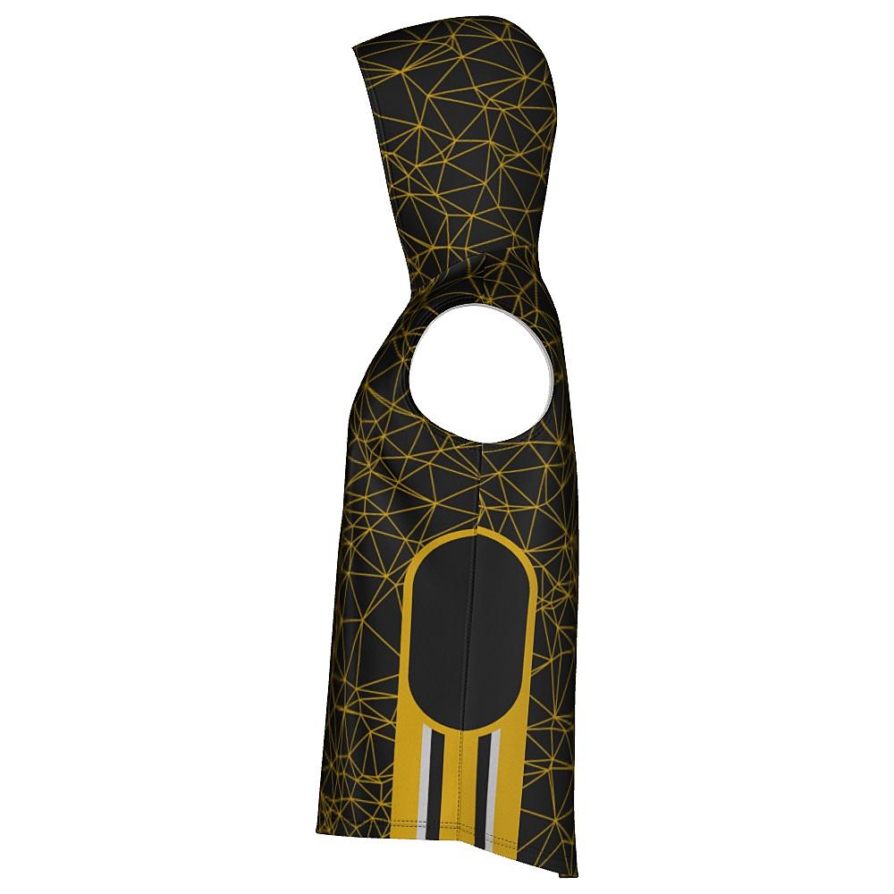 Black sleeveless hoodie with yellow geometric design on a white background