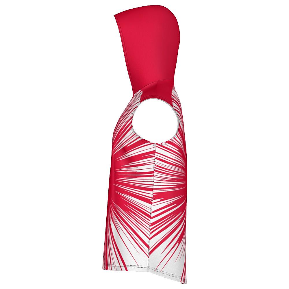 Red sleeveless hoodie with starburst design on a white background