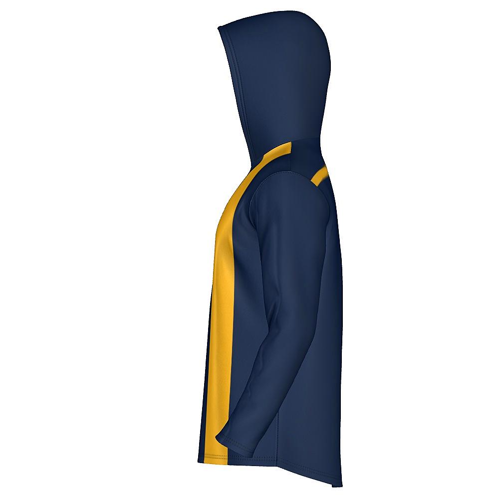 Navy hoodie with yellow stripes on a white background