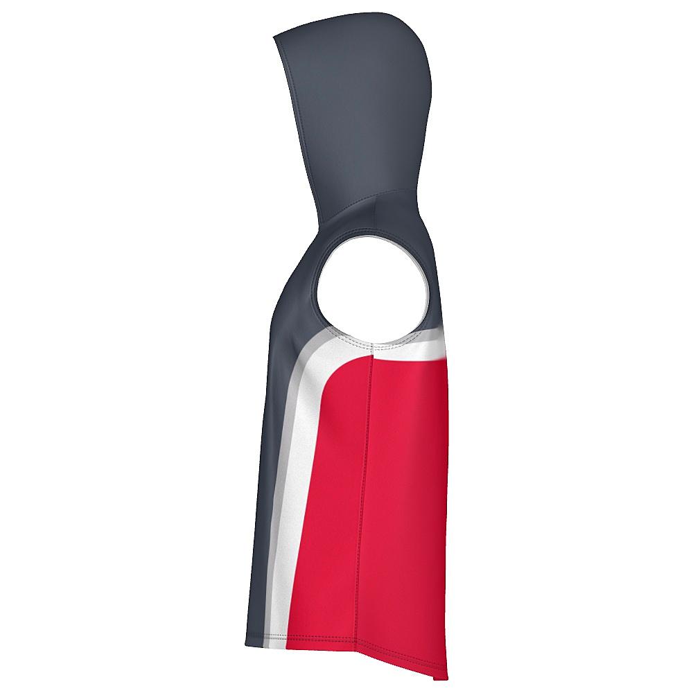 Grey sleeveless hoodie with white and red accents on a white background