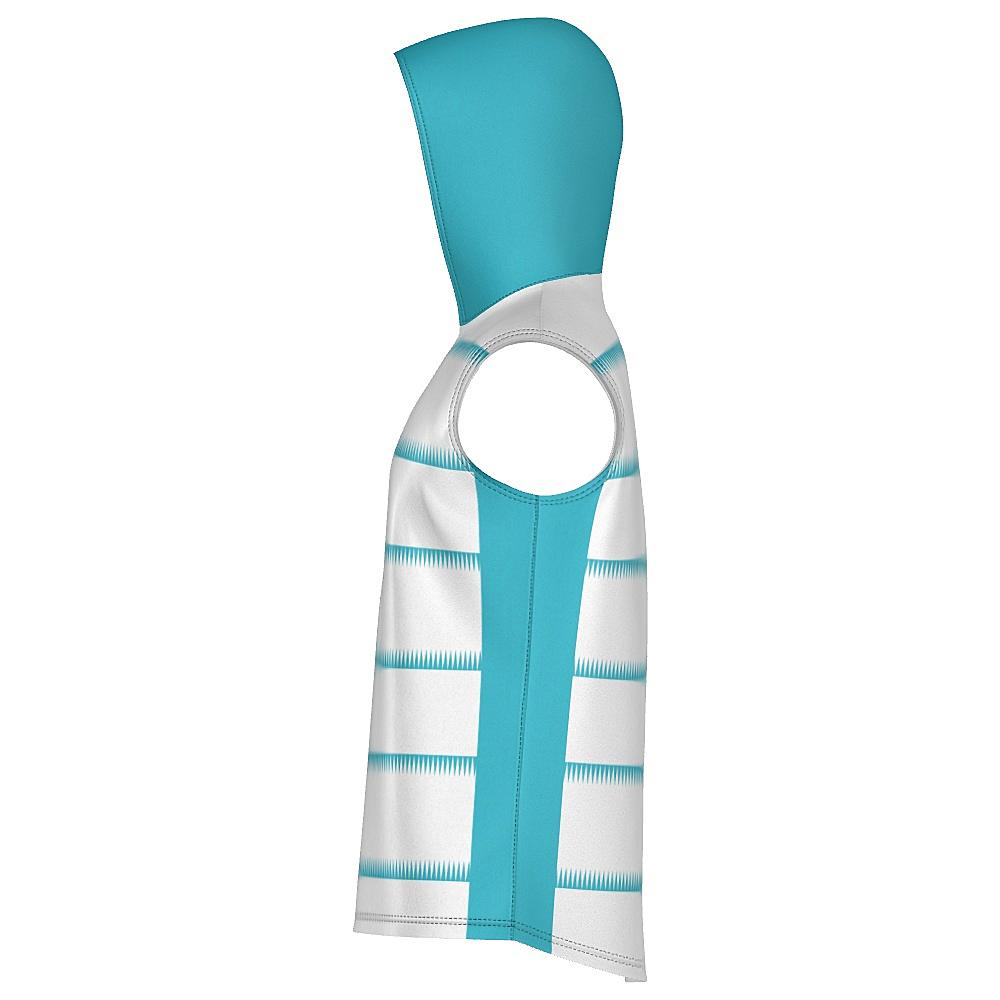 White sleeveless hoodie with teal hood and sawtooth stripes