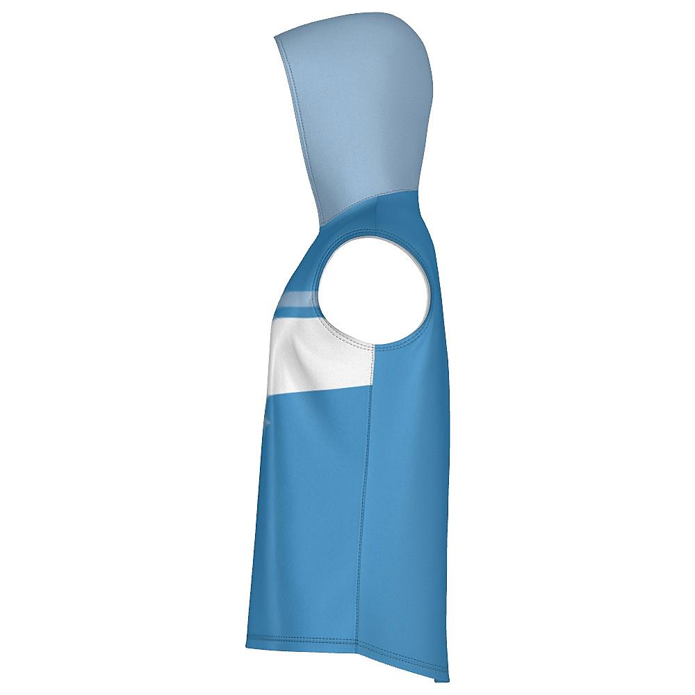 Blue sleeveless hoodie with contrasting hood and white horizontal stripe on a white background