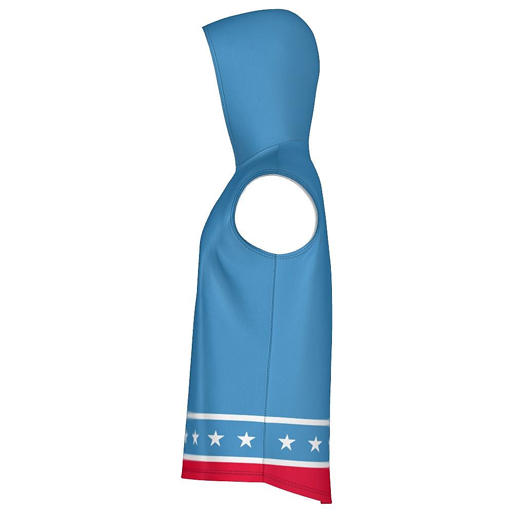 Blue sleeveless hoodie with white stars and red stripes on a white background