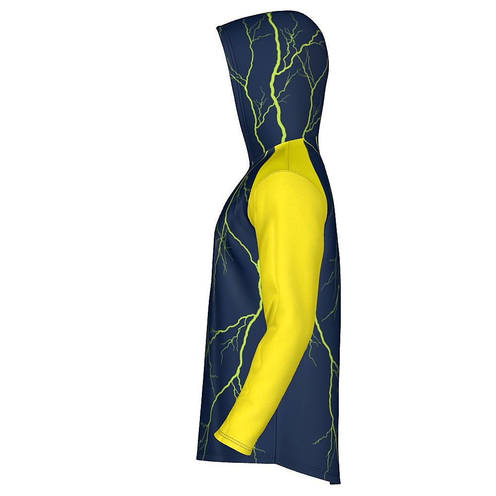 Navy hoodie with yellow sleeves and lightning design on a white background