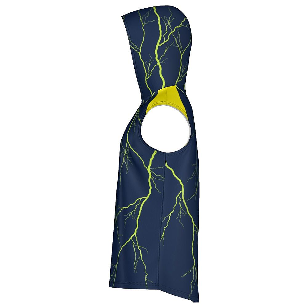 Navy sleeveless hoodie with yellow shoulders and lightning design on a white background