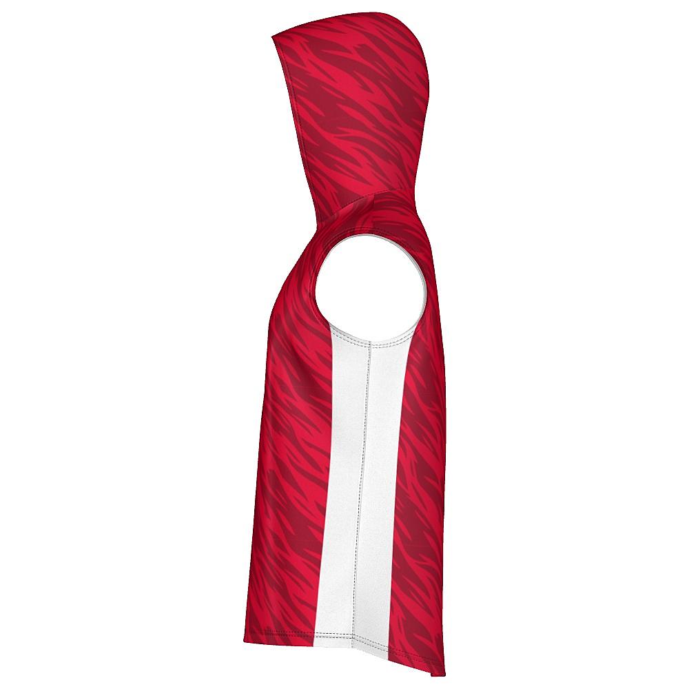 Red sleeveless hoodie with wavy design and white accents on a white background