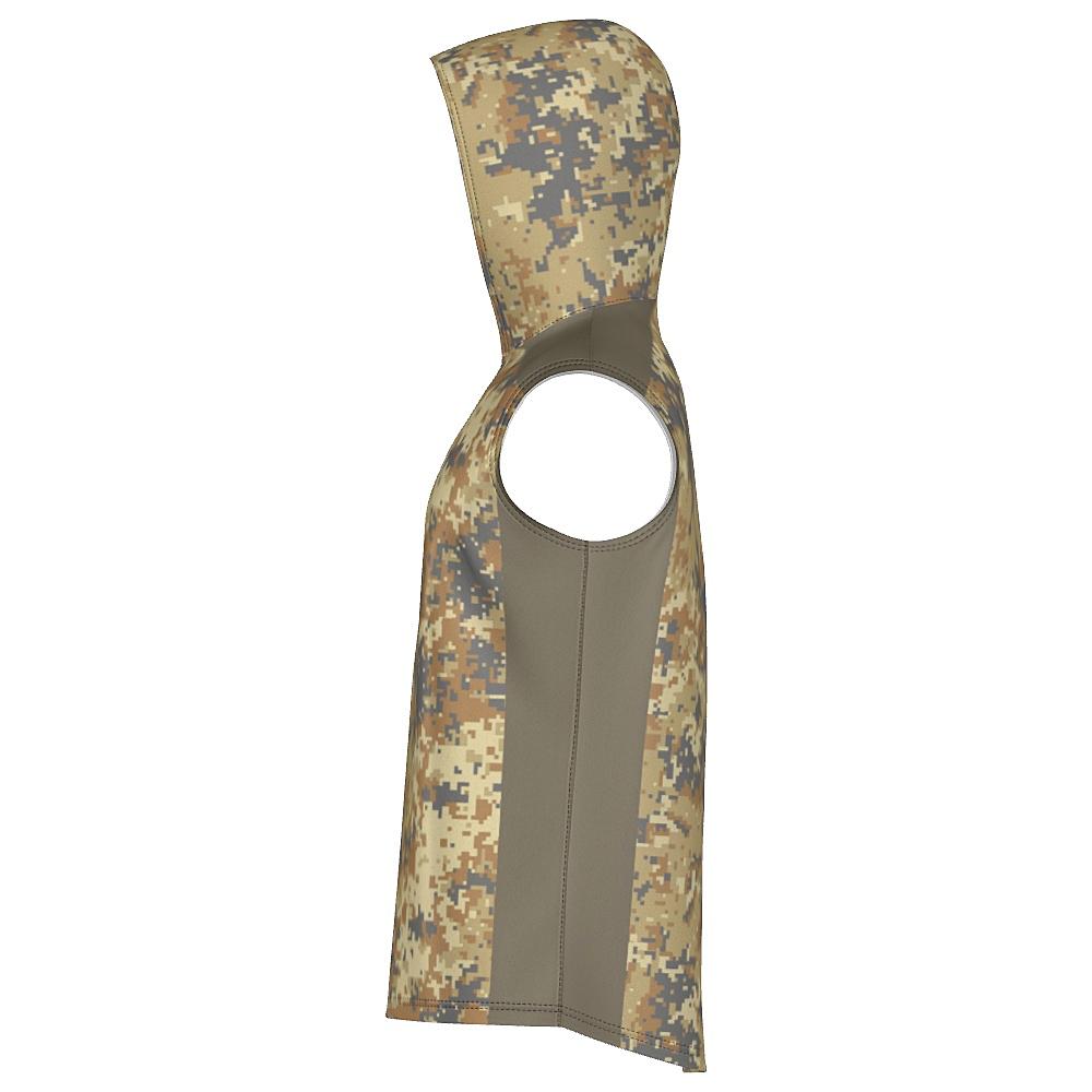 Earth-tone sleeveless hoodie with digital camo design on a white background
