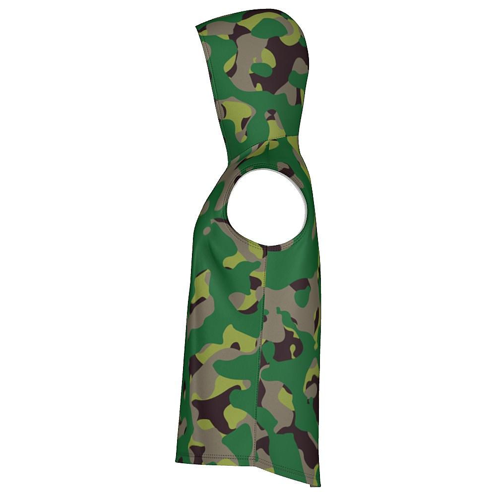 Sleeveless hoodie with green camouflage design on a white background
