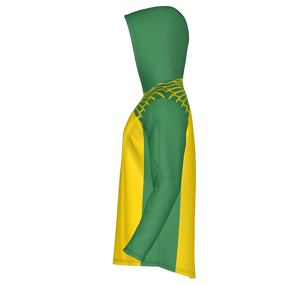 Yellow and green hoodie with feather design on upper chest and back