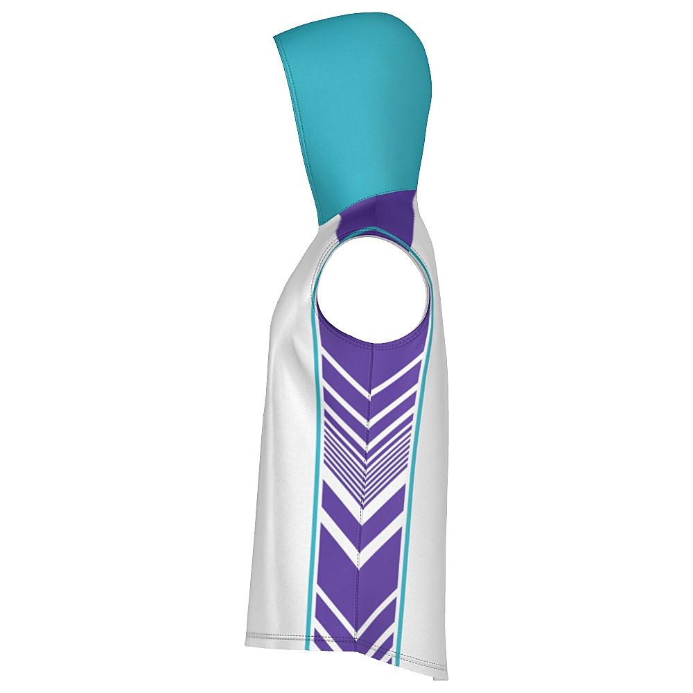 White sleeveless hoodie with teal and purple accents on a white background