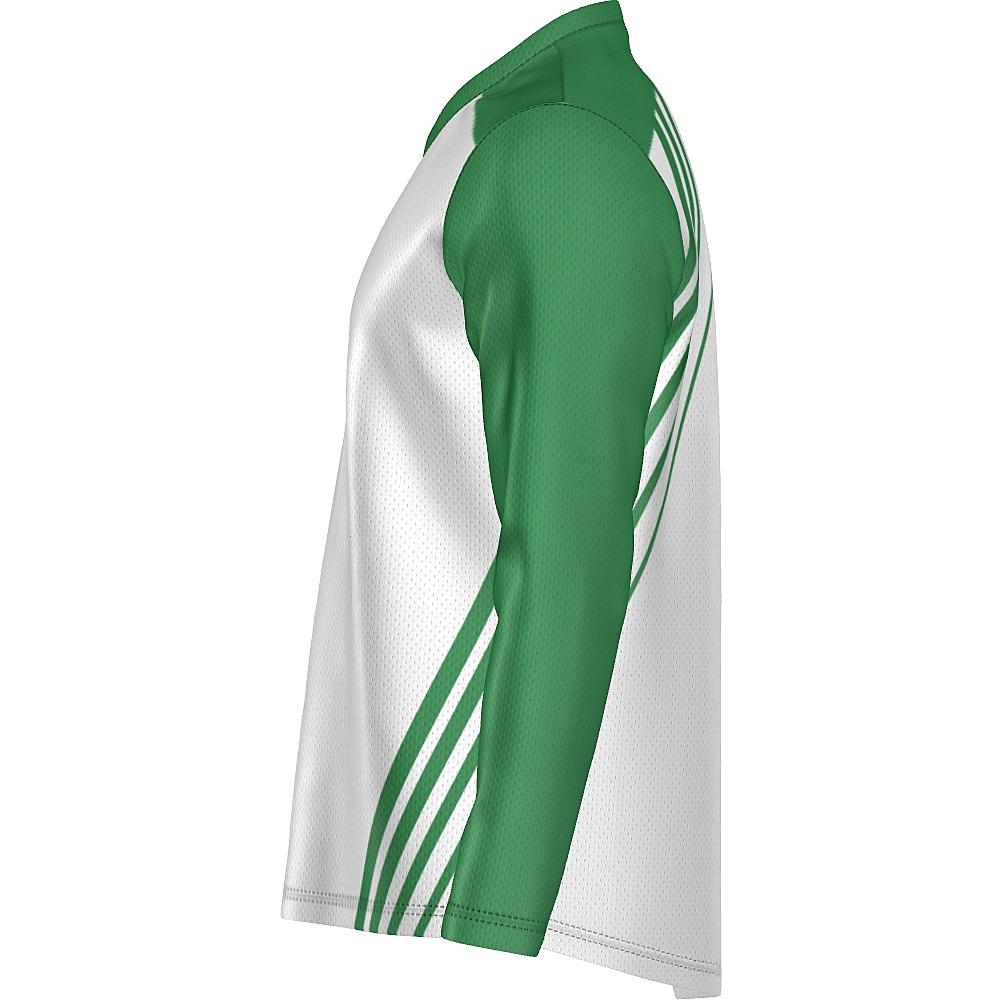 White long-sleeve shirt with green accents on a white background