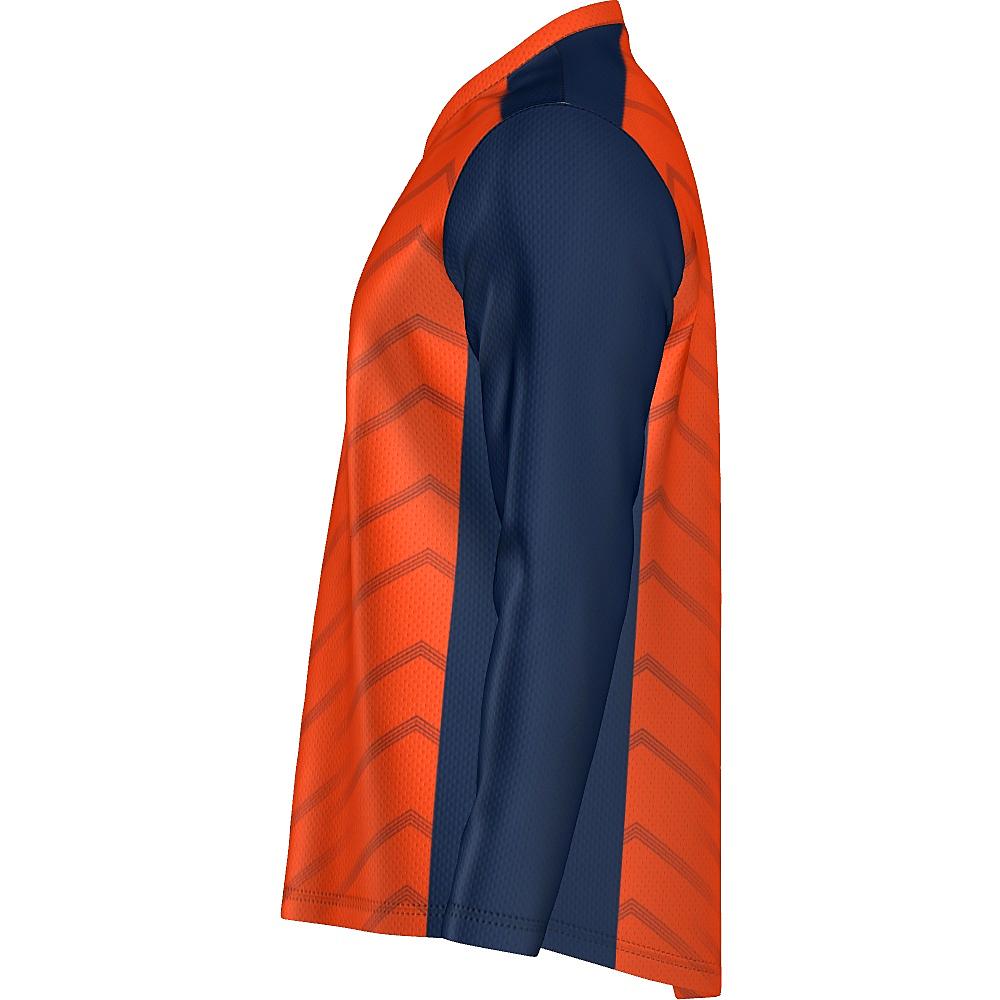 Orange long-sleeve shirt with navy accents and chevron design on a white background