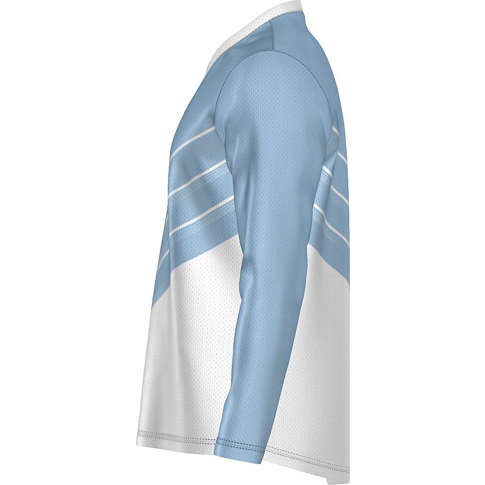 Blue and white long-sleeve shirt with chevron design on a white background