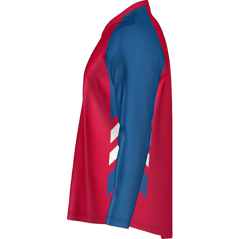Red long-sleeve shirt with blue and white accents on a white background