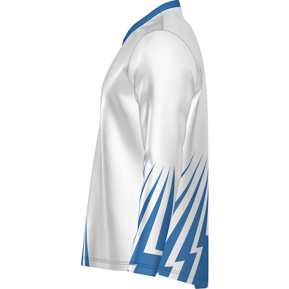 White long-sleeve shirt with blue bolt-shaped accents on a white background