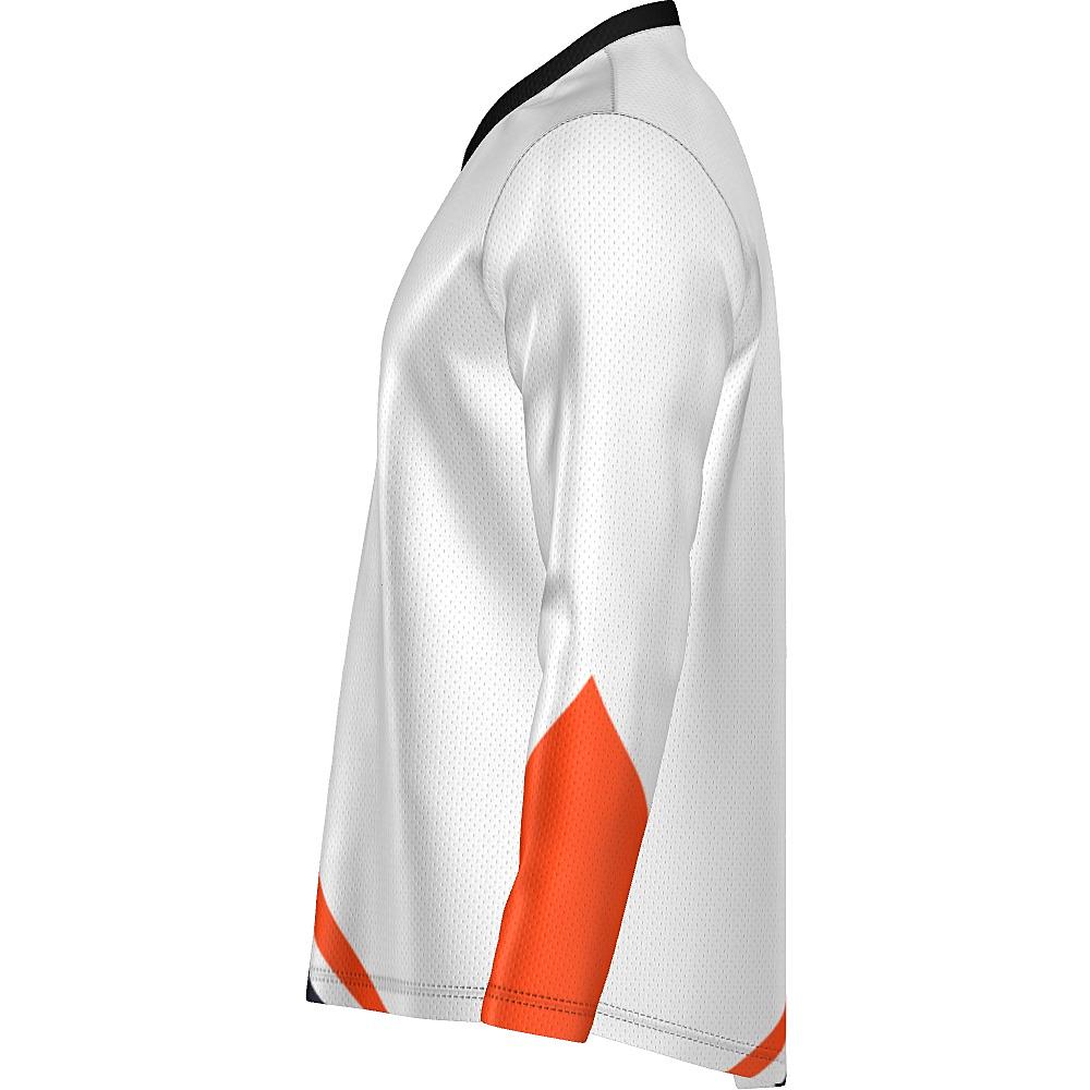 White long-sleeve shirt with black and orange curved stripes on a white background