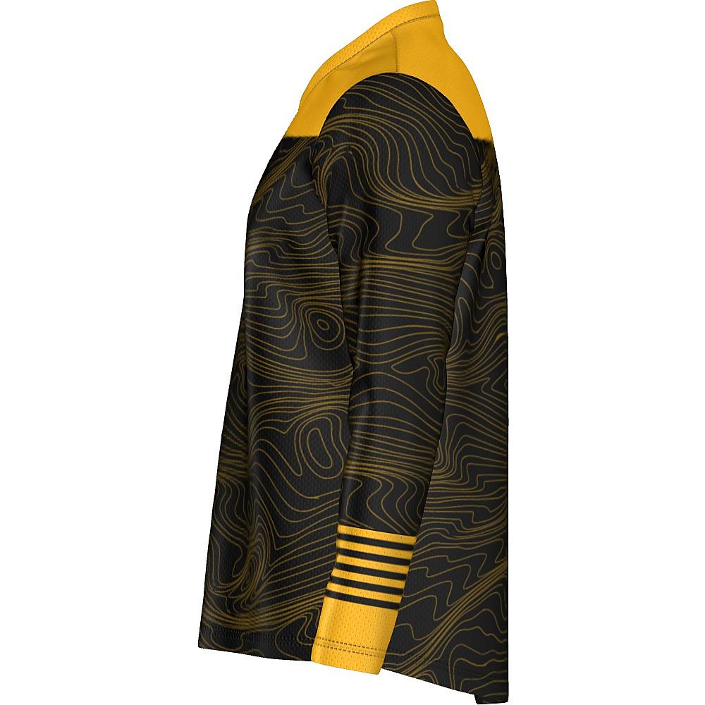 Black long-sleeve shirt with yellow accents and topographic design on a white background