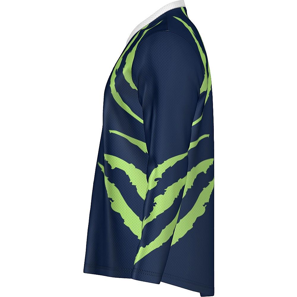 Blue long-sleeve shirt with green accents on a white background