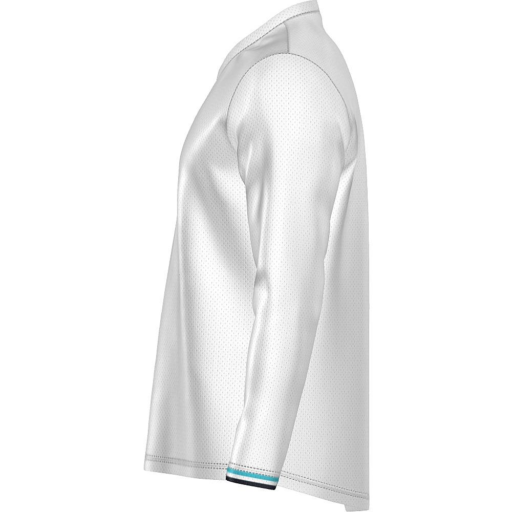 White long-sleeve shirt with blue argyle design on a white background